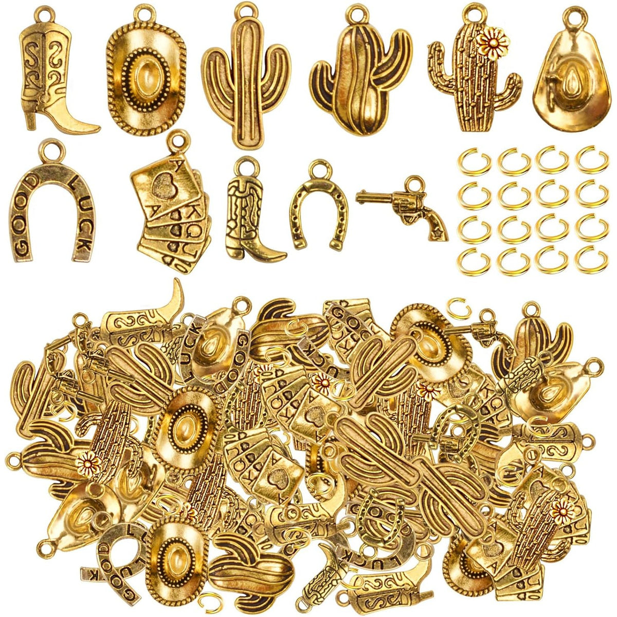 100 Grams Alloy Western Cowbo Cowgi Charms Antique Silver Mixed Cowb Boot Hat Horseshoe Dangle Pendants with 80pcs Split Rings for DIY Necklace Bracelet Earrings Jewelry Making