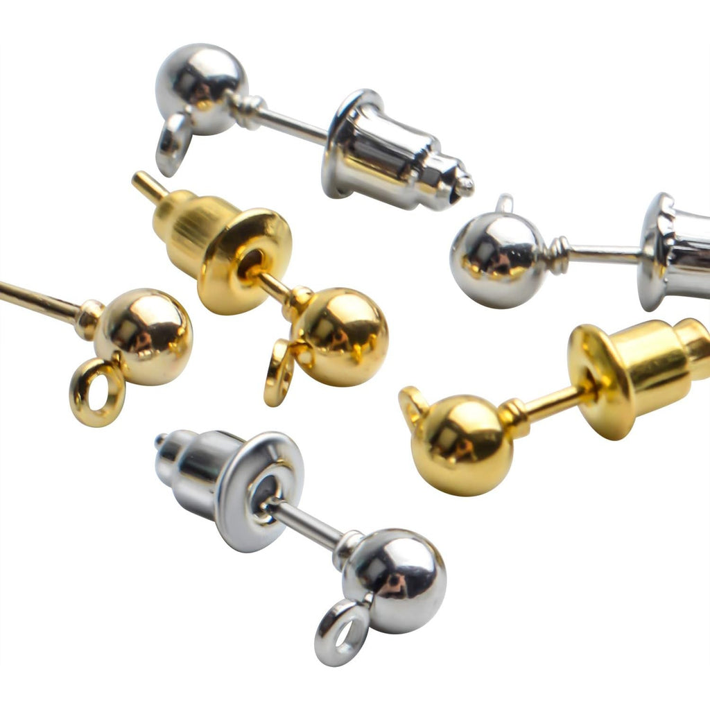 Earring Posts and Backs,100pcs Stud Earrings Posts Components Ball Earring Studs with Loop and 100pcs Bullet Earring Backs for DIY Jewelry Crafts,2 Colors