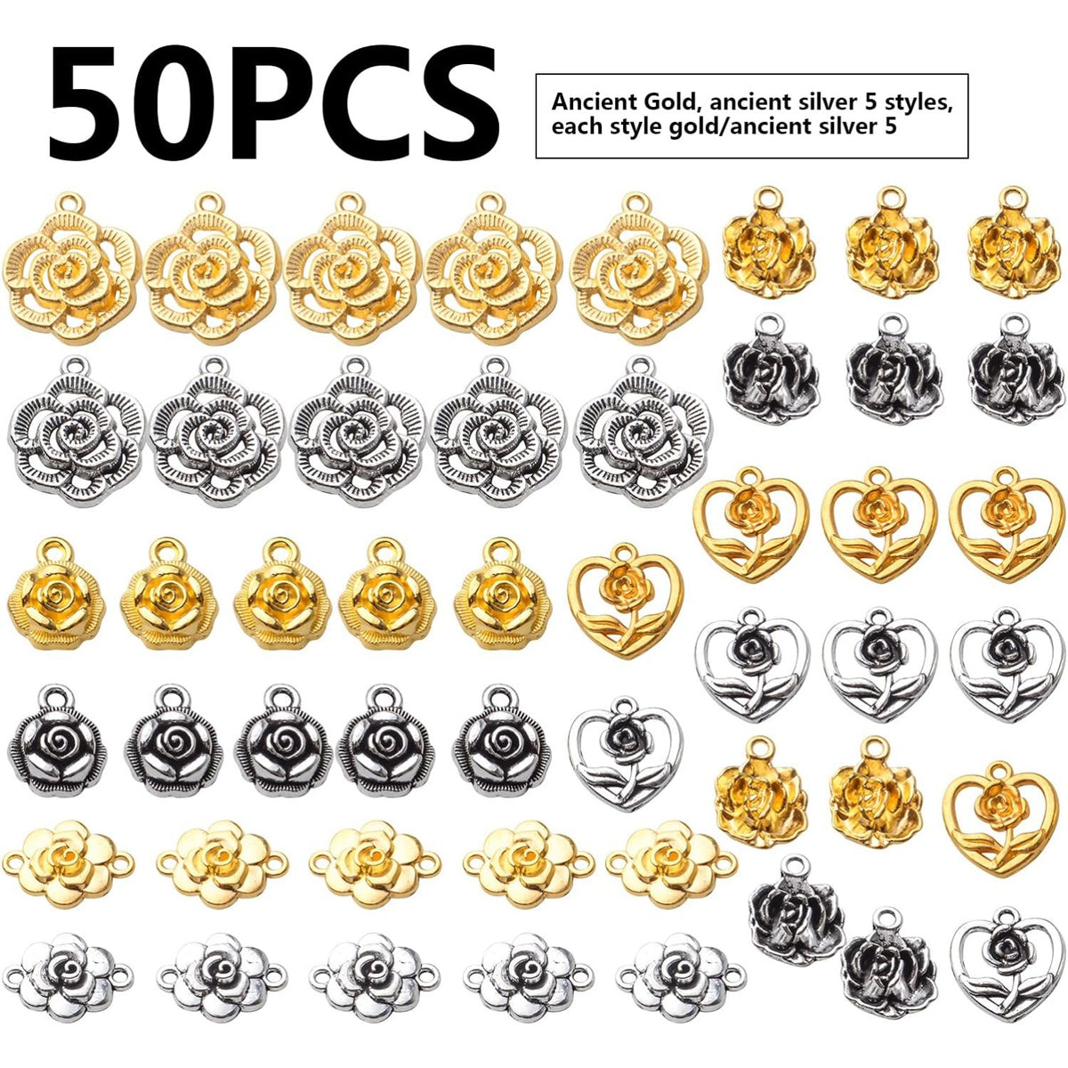 50pcs Rose Charms Pendants Alloy Rose Flower Charms Flower Connector Charms Rose Bead Charms for DIY Earrings Bracelet Necklace Jewelry Crafts Making Finding,5 Styles