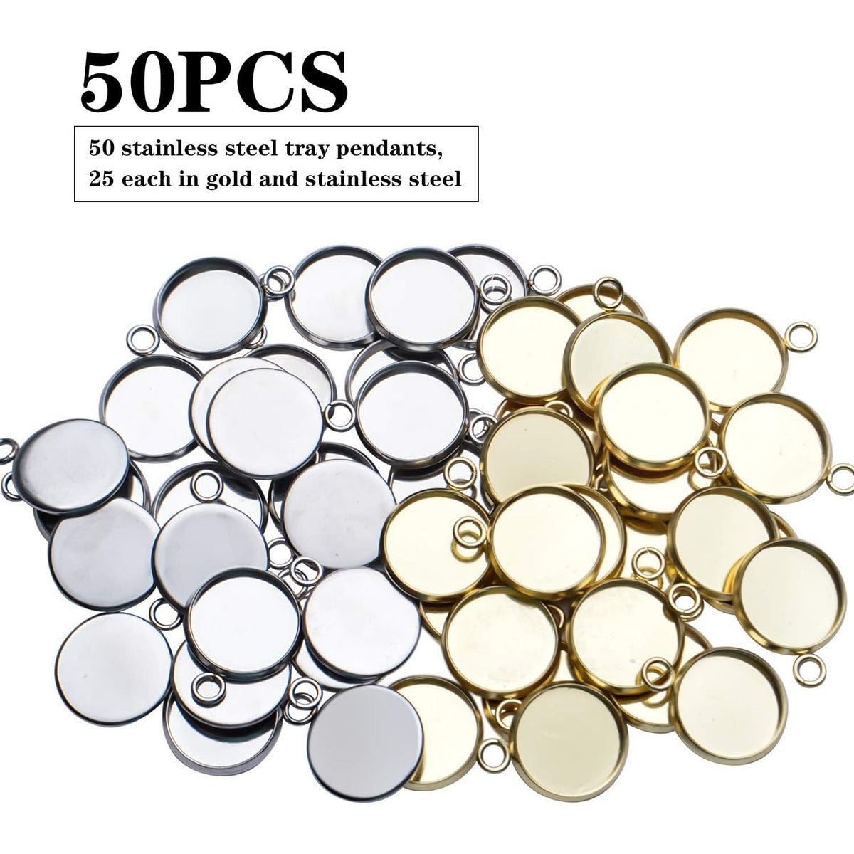Stainless Steel Bezel Pendant Round Blank Trays, 50 Pcs - Cabochon Settings for Necklace & Earring DIY Jewelry Making