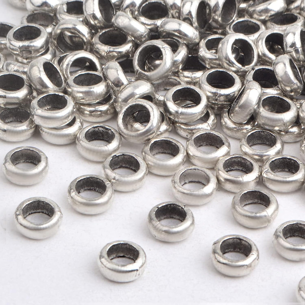 200pcs Antique Silver Large Hole Round Spacer Beads Tibetan Alloy Rondelle Spacer Beads Tiny Smooth Loose Beads for DIY Bracelet Necklace Jewelry Craft Making, Hole: 4.5 mm