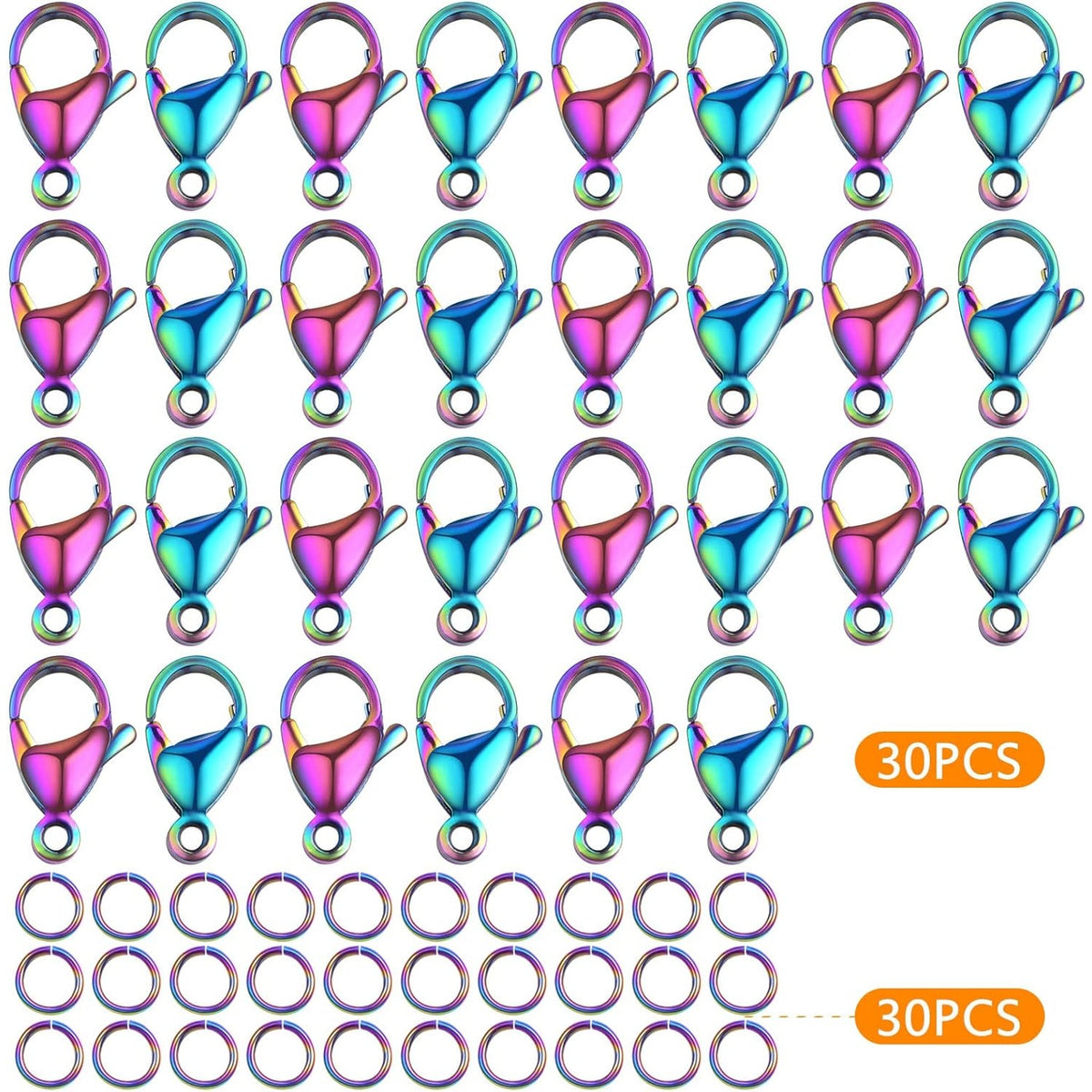 30pcs Stainless Steel Lobster Claw Clasps Fastener Hook Connectors and 30pcs 6 mm Open Jump Rings Set for DIY Bracelet Necklace Jewelry Making Findings, Rainbow Color