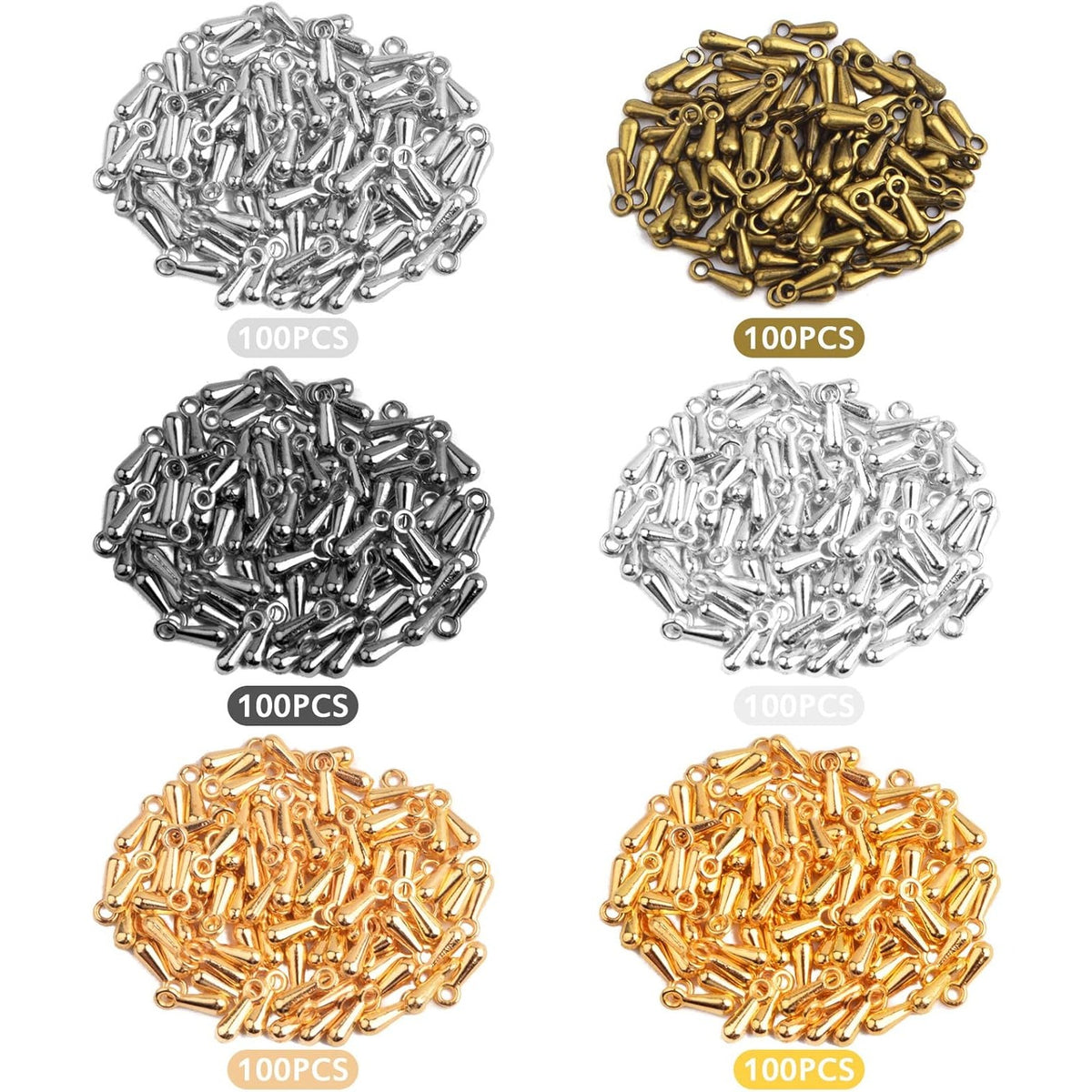 600pcs 6 Colors Teardrop Bead Charms Oval Extender Chain End Drop Dangle Charms Droplet Tail Chain Pendants for DIY Necklace Bracelet Jewelry Making Craft Decor