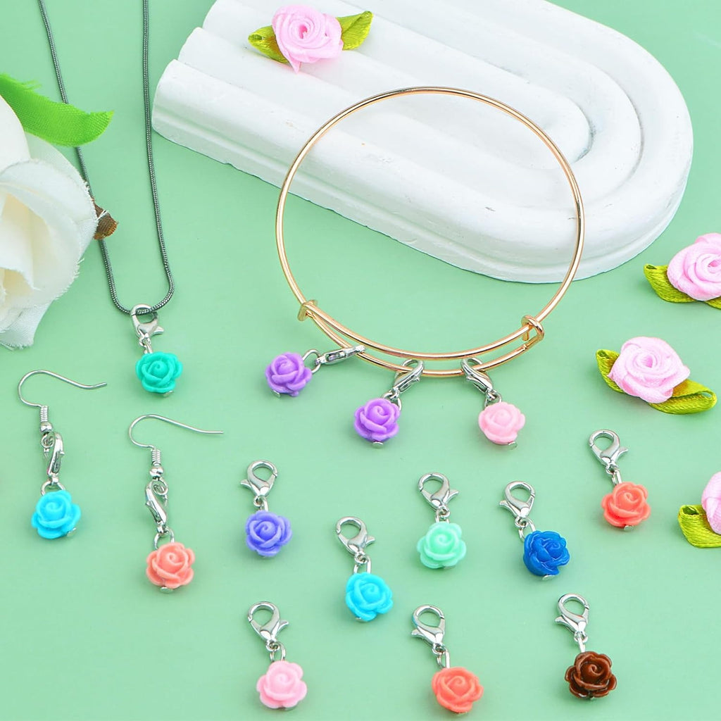 24pcs Clip On Flower Charms Rose Dangle Charms Pendant with Lobster Clasp for DIY Bracelet Necklace Jewelry Making,12 Colors