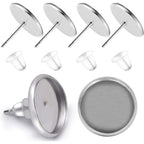 50 Pieces Stainless Steel Stud Silver Earring Cabochon Setting Post Cup for 10mm and 50 Pieces Clear Rubber Earring Safety Backs