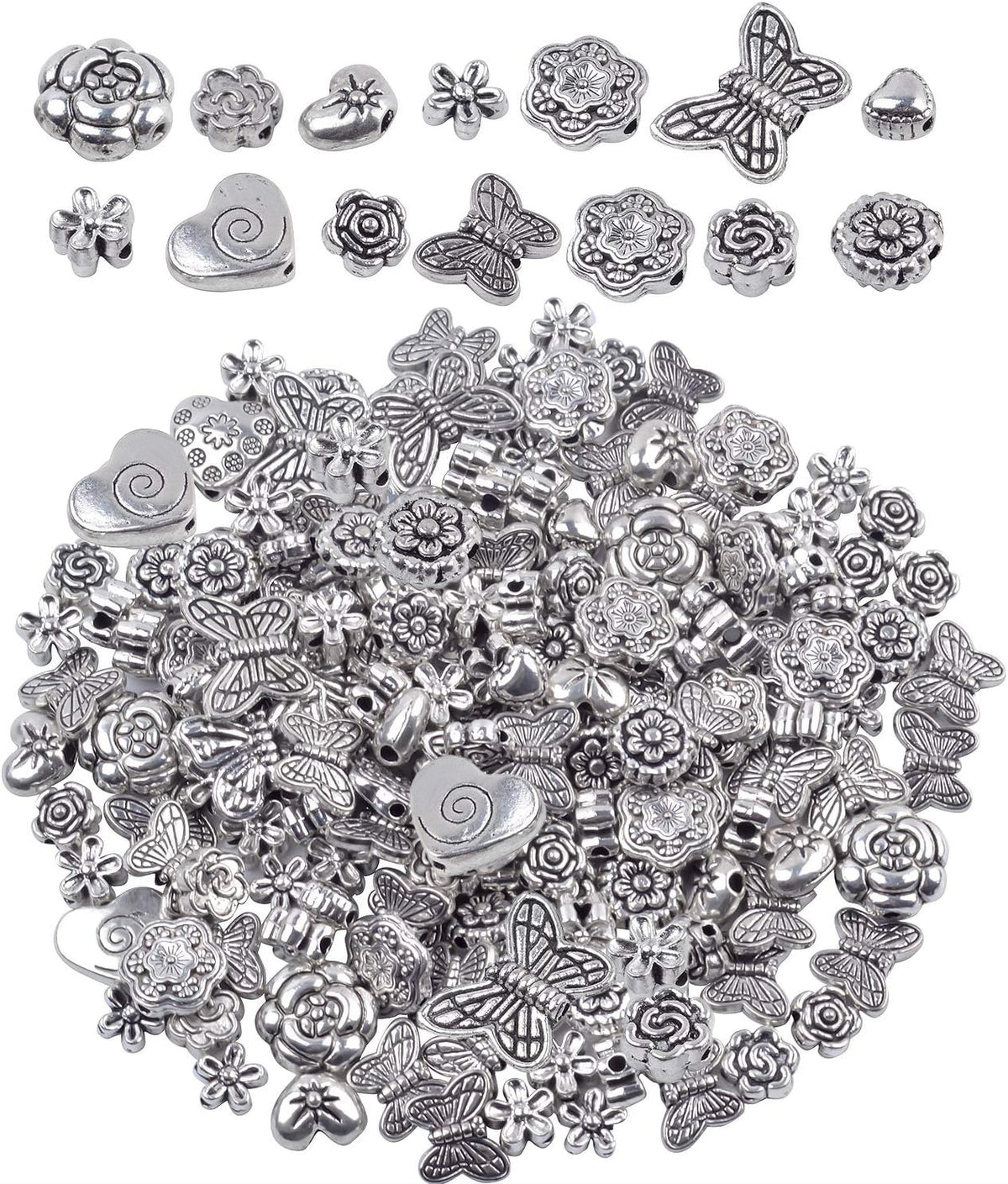 100 Gram(About 130-170pcs) Antique Tibetan Silver Alloy Butterfly Flower Beads Charm Bead Spacers Jewelry Findings Accessories for Bracelet Necklace Jewelry Making