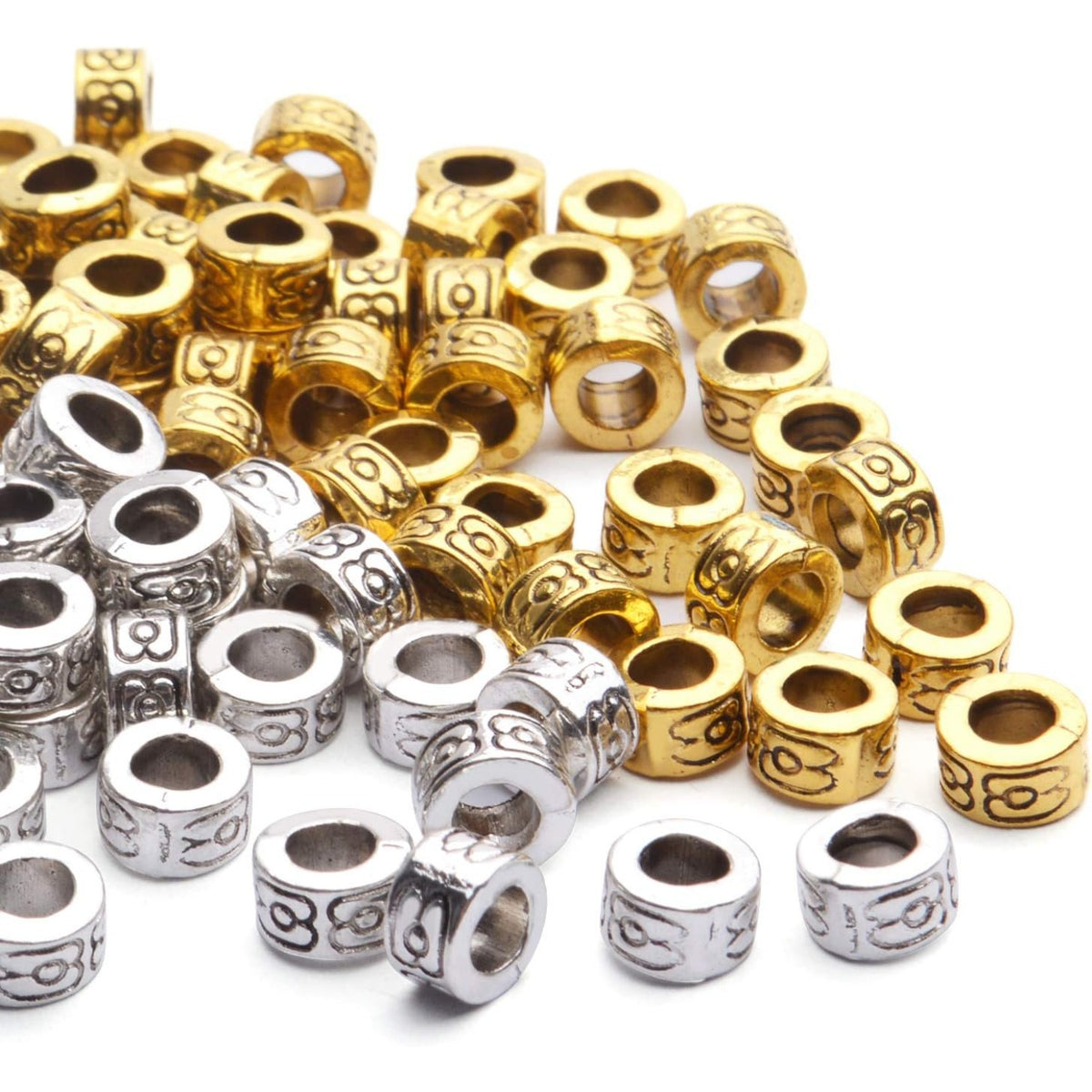 Large Hole Spacer Beads, 100pcs 6.5mm Round Rondelle Spacer Beads Large Hole Spacer Beads Alloy European Beads for DIY Crafts Jewelry Making, Antique Golden, Antique Silver