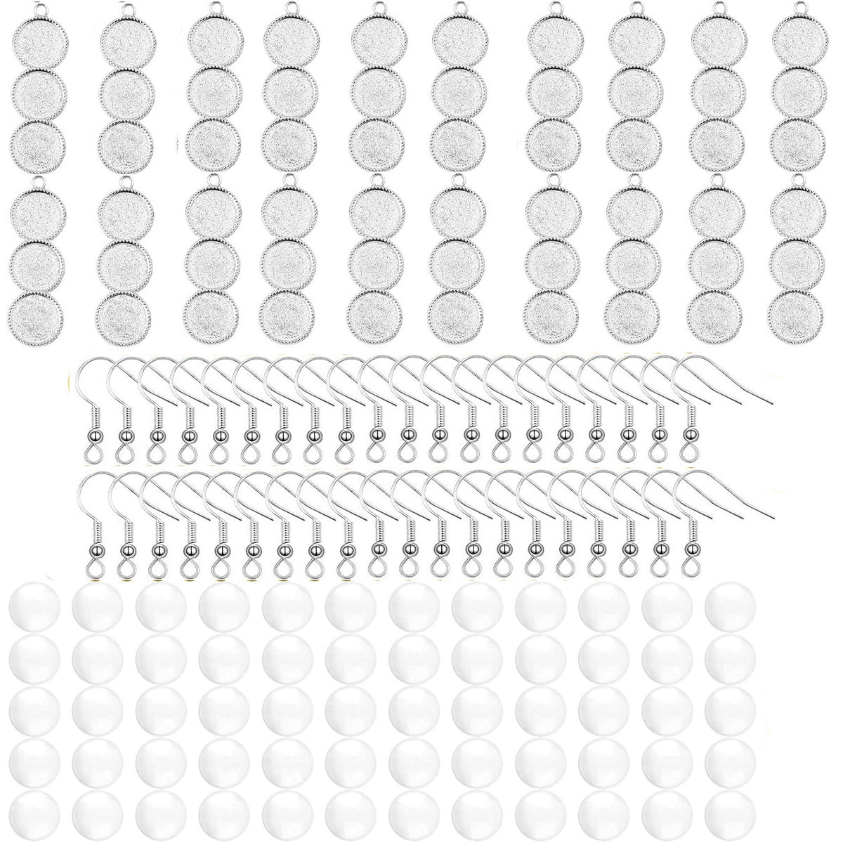 20pcs 2 Colors Blank Round 12 mm Earring Bezel Trays Bases 3-Consecutive Earring Blanks and 60pcs 12 mmGlass Cabochon Dome Tiles with 40pcs Earring Hooks for DIY Jewelry Making