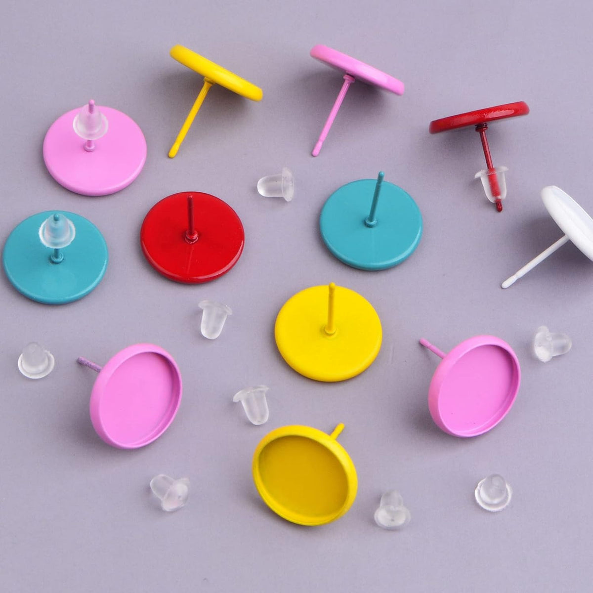 50 Pieces Blank Stud Earring Bezel Post Cup Round Cabochon Settings and 50 Pieces Earring Safety Backs for DIY Earrings Jewelry Making Fingdings, 5 Colors