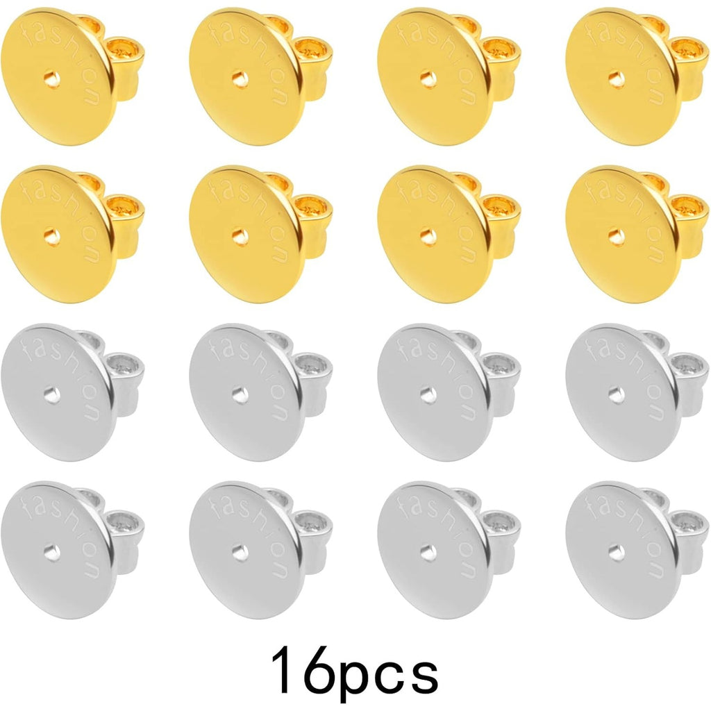 16pcs Golden Plated Brass Locking Earring Safety Backs Hypoallergenic Round Disc Secure Magic Earring Backs Lifters Butterfly Clasps Replacements for Stud Earring, 2 Colors