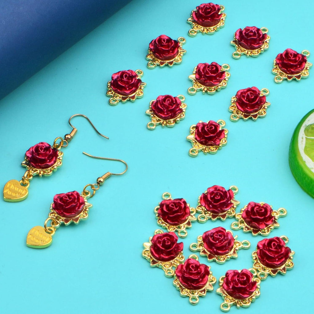 20pcs KC Golden Plated Red Rose Charms Connectors Alloy Lovely 3D Roseflower Shape Dangle Pendants with Double Holes for DIY Necklaces Earrings Jewelry Making Valentine's Gifts