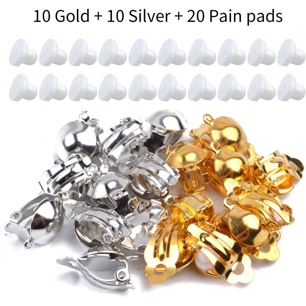 20 Pieces Clip On Earring Converter Non-Pierced Earrings Components with Loop and 20 Pieces Earring Cushions for Earring Making,Sliver and Gold