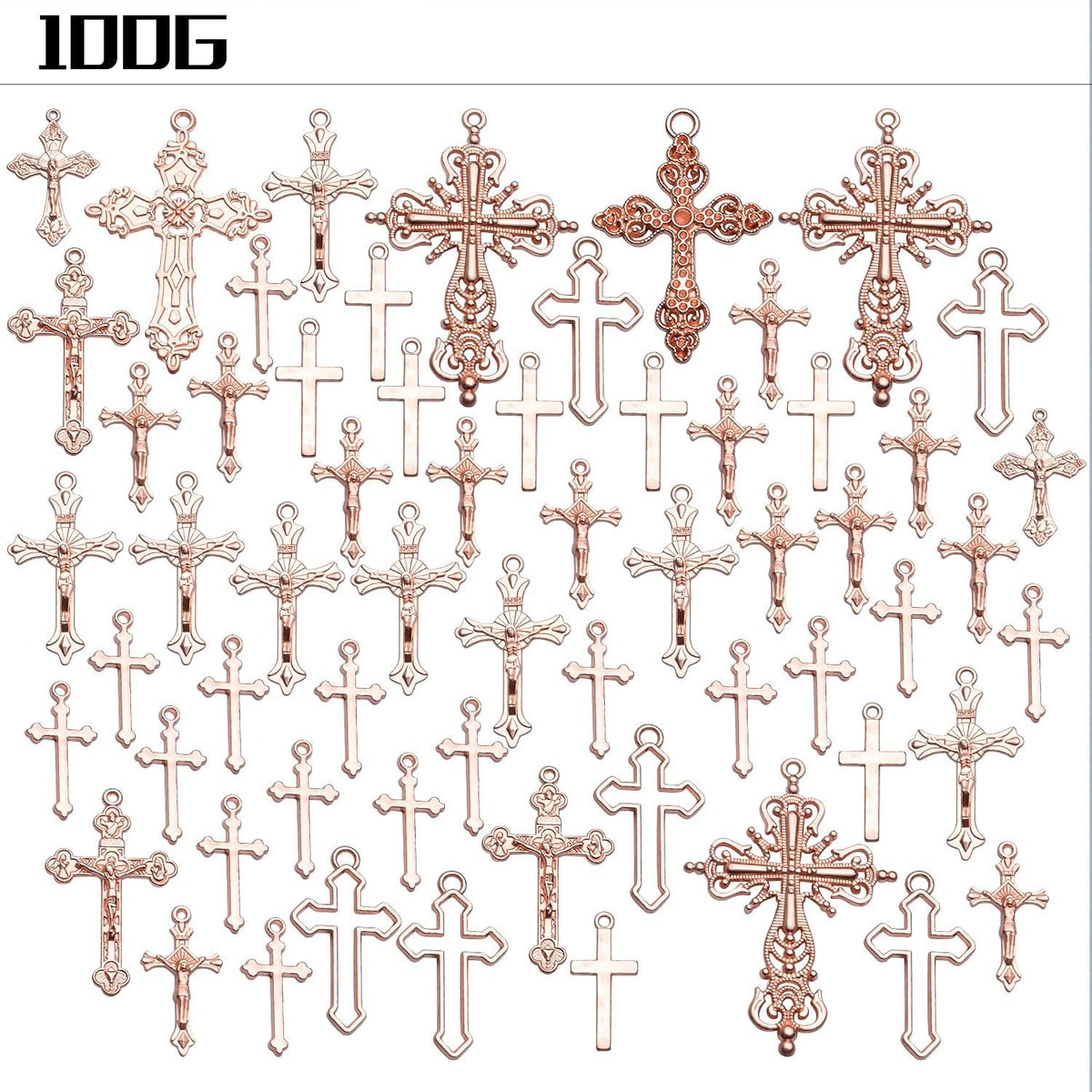 100g Craft Supplies Alloy Rose Gold Jesus Christ Cross Charms Rosary Center Charm Crosses Charms Pendants for Necklace DIY Jewelry Making, Mixed Styles