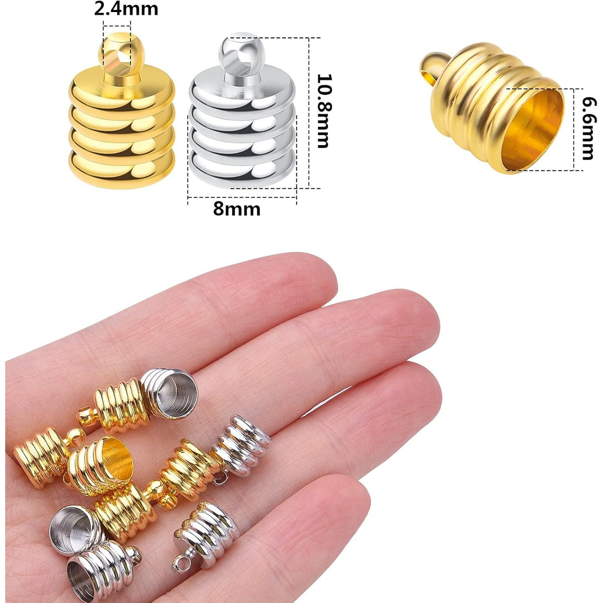 50pcs Brass Cord End Caps Glue-in Barrel End Caps Fasteners Necklace Cord Tassel Leather Cord Ends Terminators Clasps for DIY Bracelet Crafts Jewelry Making, Golden, Silver
