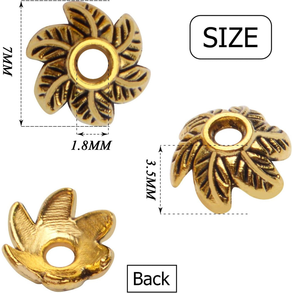 Spacer Bead Caps, 200 Pcs Tibetan Style Flower, Gold, 7 x 3.5 mm, Hole: 1.8 mm, Antique Finish
