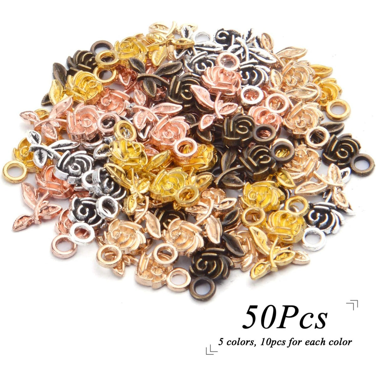 50pcs Rose Flower Charms Tibetan Alloy Flower Pendants Jewelry Crafting Accessories for DIY Necklace Bracelet,5 Colors