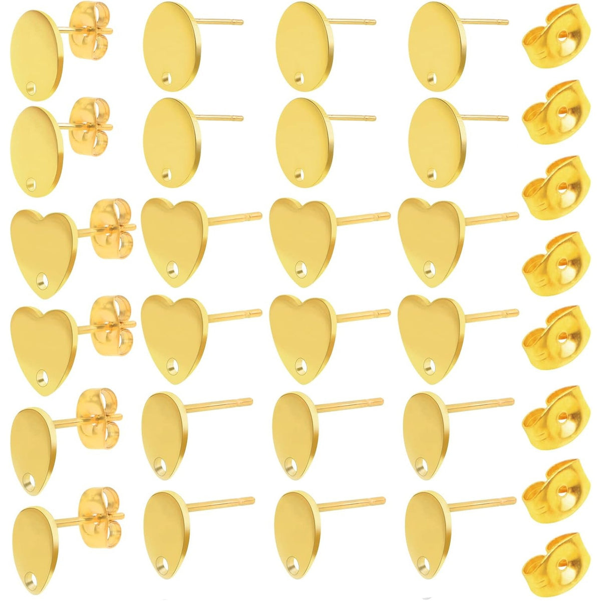 24pcs 3 Styles Stainless Steel Earring Posts with Loop Blank Round Heart Teardrop Shape Stud Earrings and 24pcs Butterfly Earring Backs for DIY Jewelry Making Supplies, 2 Colors