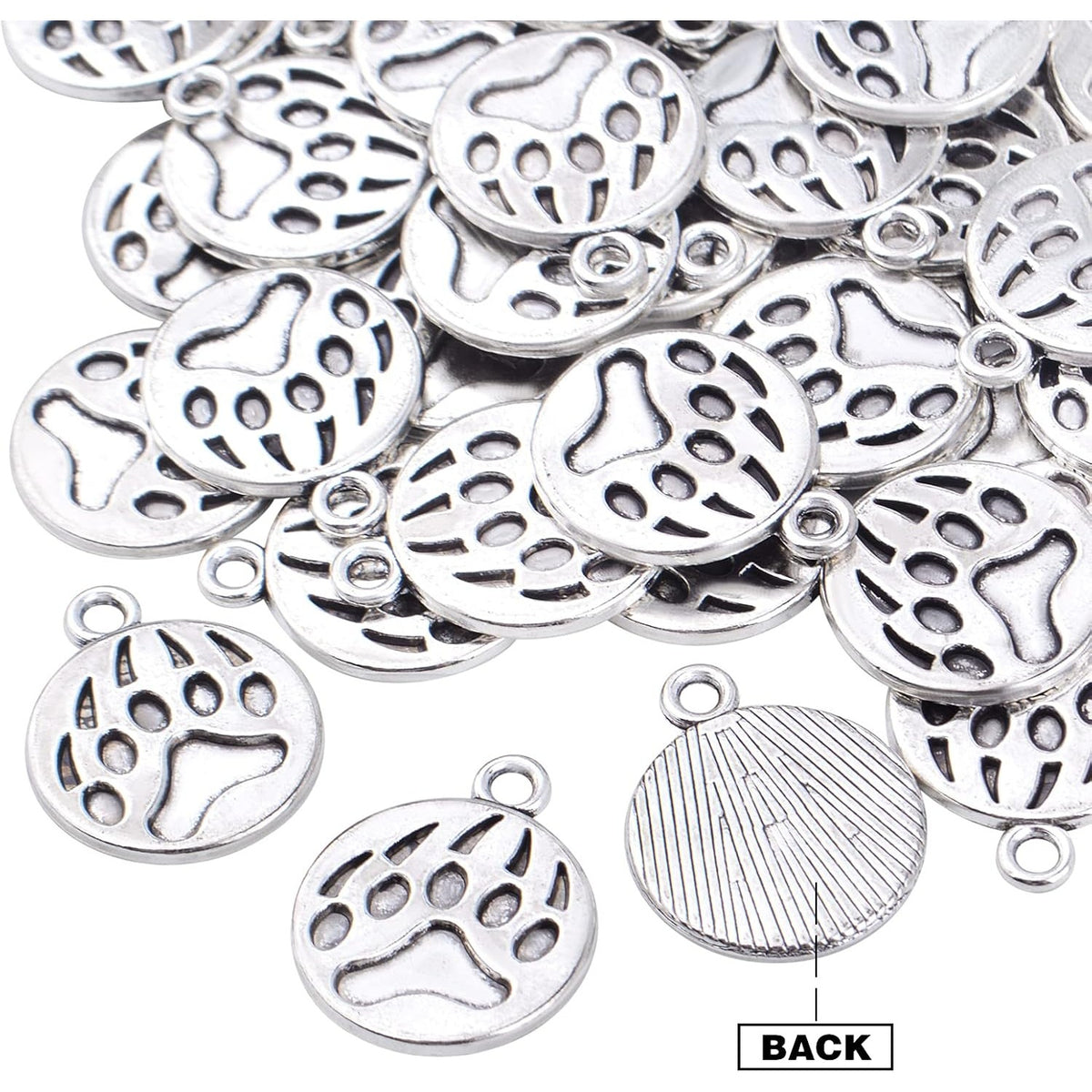 50pcs Antique Silver Paw Print Charms Alloy Dog Cat Bear Footprint Pendants Animal Paw Charms Jewelry Making Accessories for DIY Earrings Necklace Bracelet and Crafting