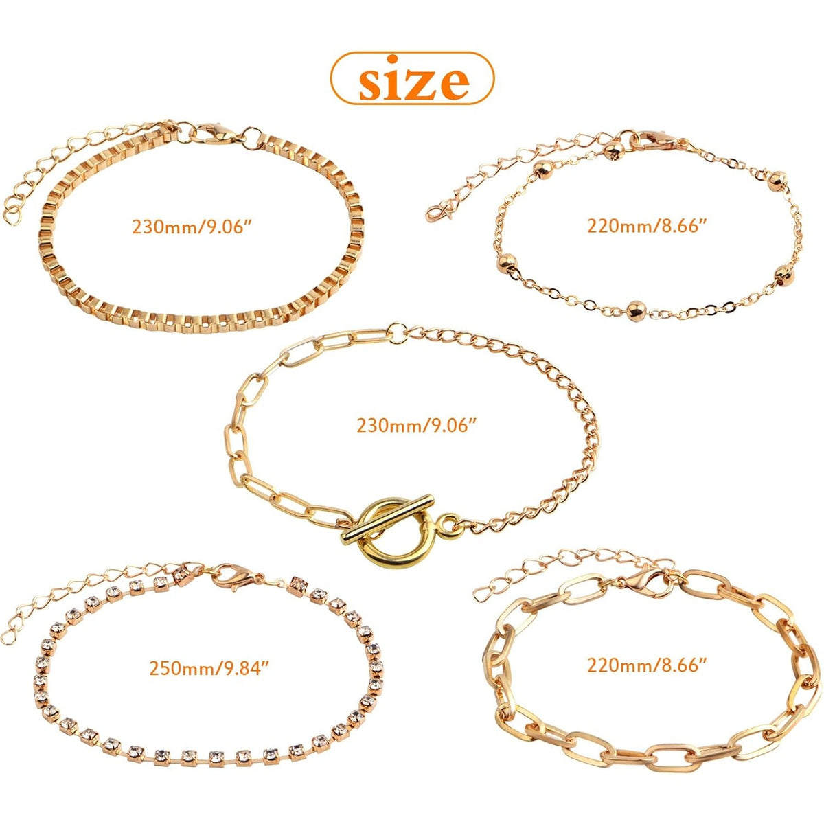 10pcs Adjustable Bracelet Chains with OT Toggle Clasp Lobster Clasps Alloy Bracelet Links with Rhinestone Extender Chains for Women DIY Jewelry Making Craft Supplies, 5 Styles