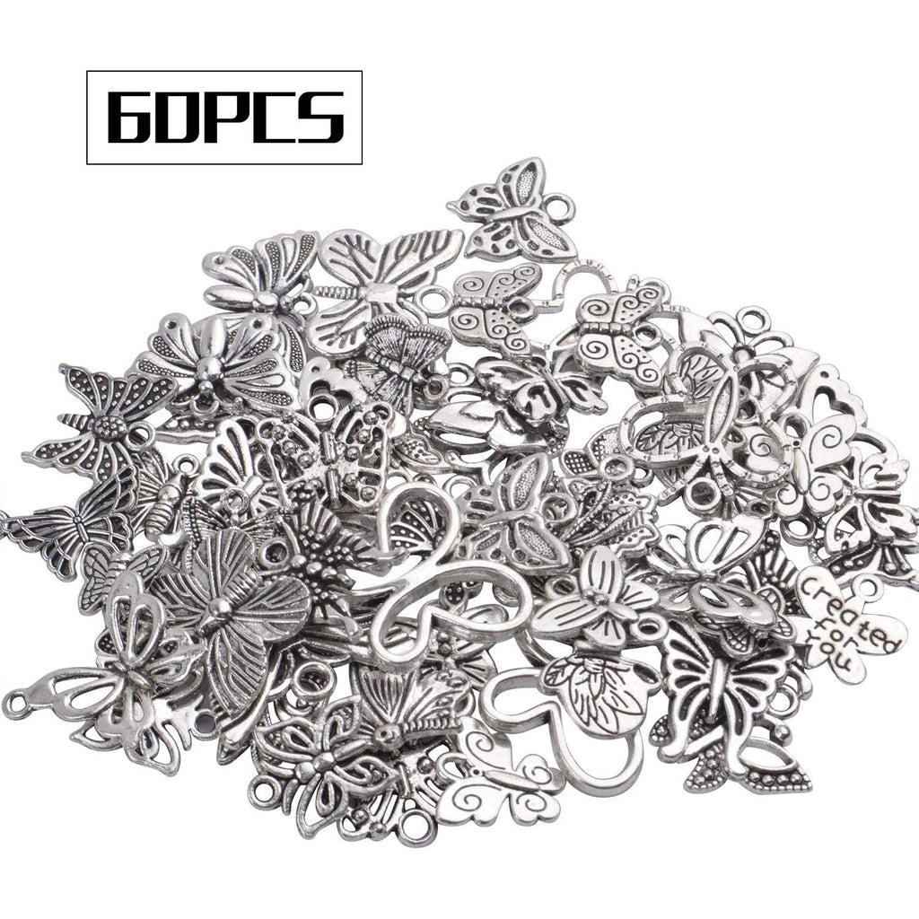 60pcs Silver Butterfly Charms Tibetan Butterfly Shape Alloy Pendants Insect Charms for DIY Necklace Bracelet Earrings Jewelry Making