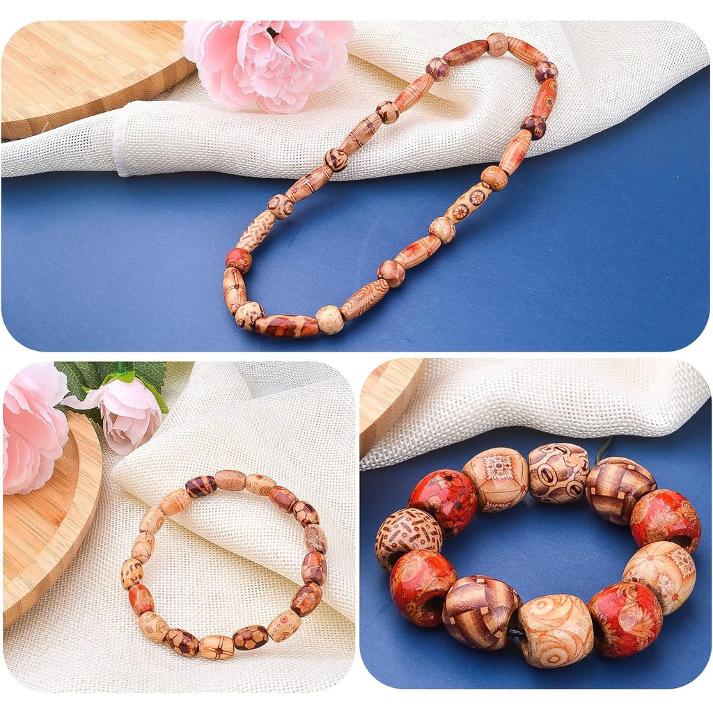 200pcs Natural Printed Wooden Beads Round Barrel Oval Macrame Beads Loose Wood Spacer Beads Jewelry Making Accessories for DIY Craft Bracelet Necklace Handmade Decoration, 4 Sizes