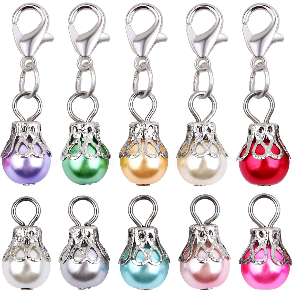 50pcs Muti-Color Clip-On Pearl Dangle Pendants Silver Flower Bead Cap Drops with 50pcs Lobster Clasps Accessory fit Floating Locket Charms Necklace Jewelry Making