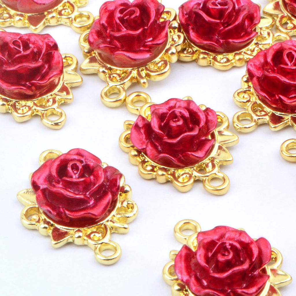 20pcs KC Golden Plated Red Rose Charms Connectors Alloy Lovely 3D Roseflower Shape Dangle Pendants with Double Holes for DIY Necklaces Earrings Jewelry Making Valentine's Gifts
