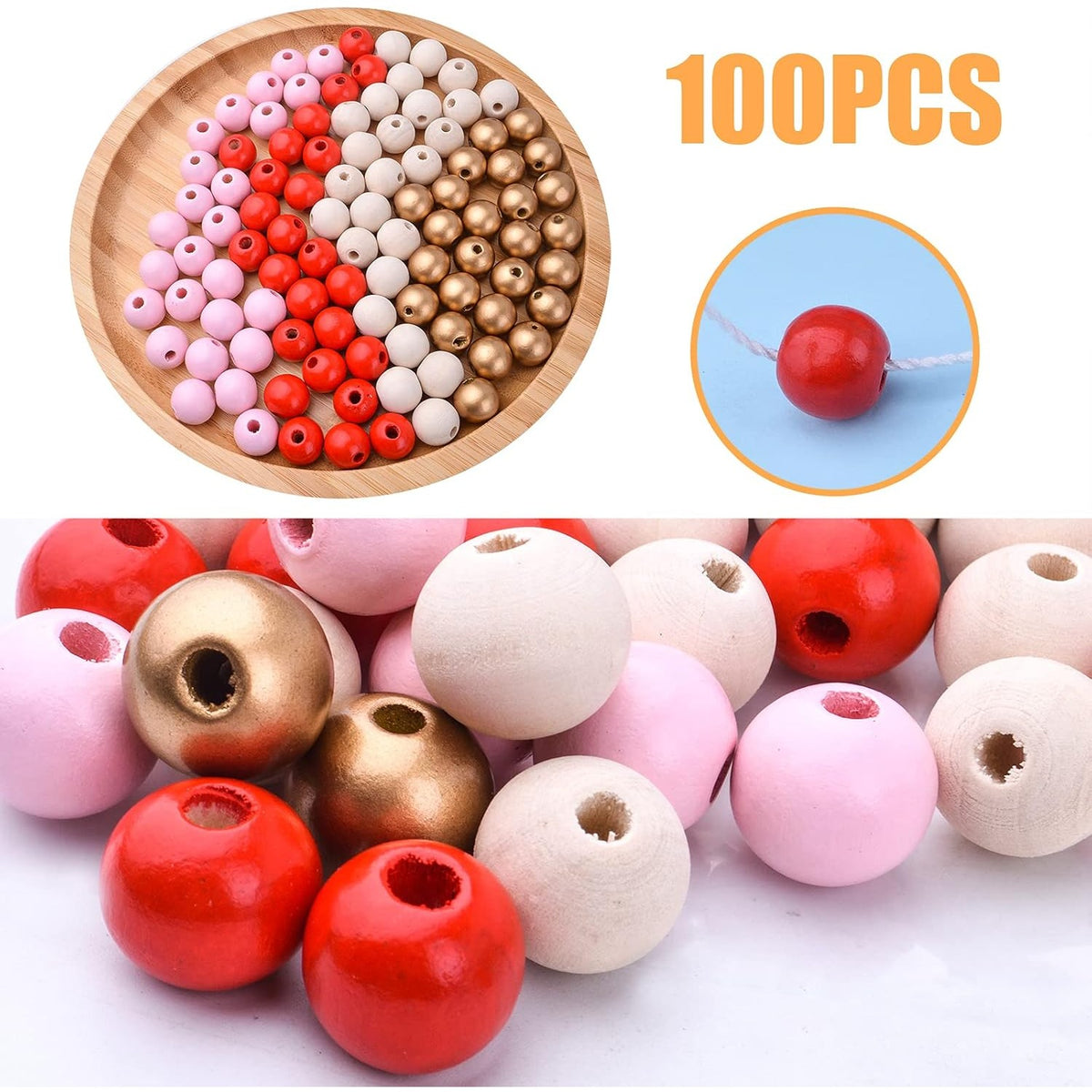100pcs 16 mm Wood Round Beads Large Hole Natural Wooden Beads Smooth Painted Loose Spacer Beads Craft Supplies for DIY Jewelry Making Farmhouse Garland Home Decorations, 4 Colors