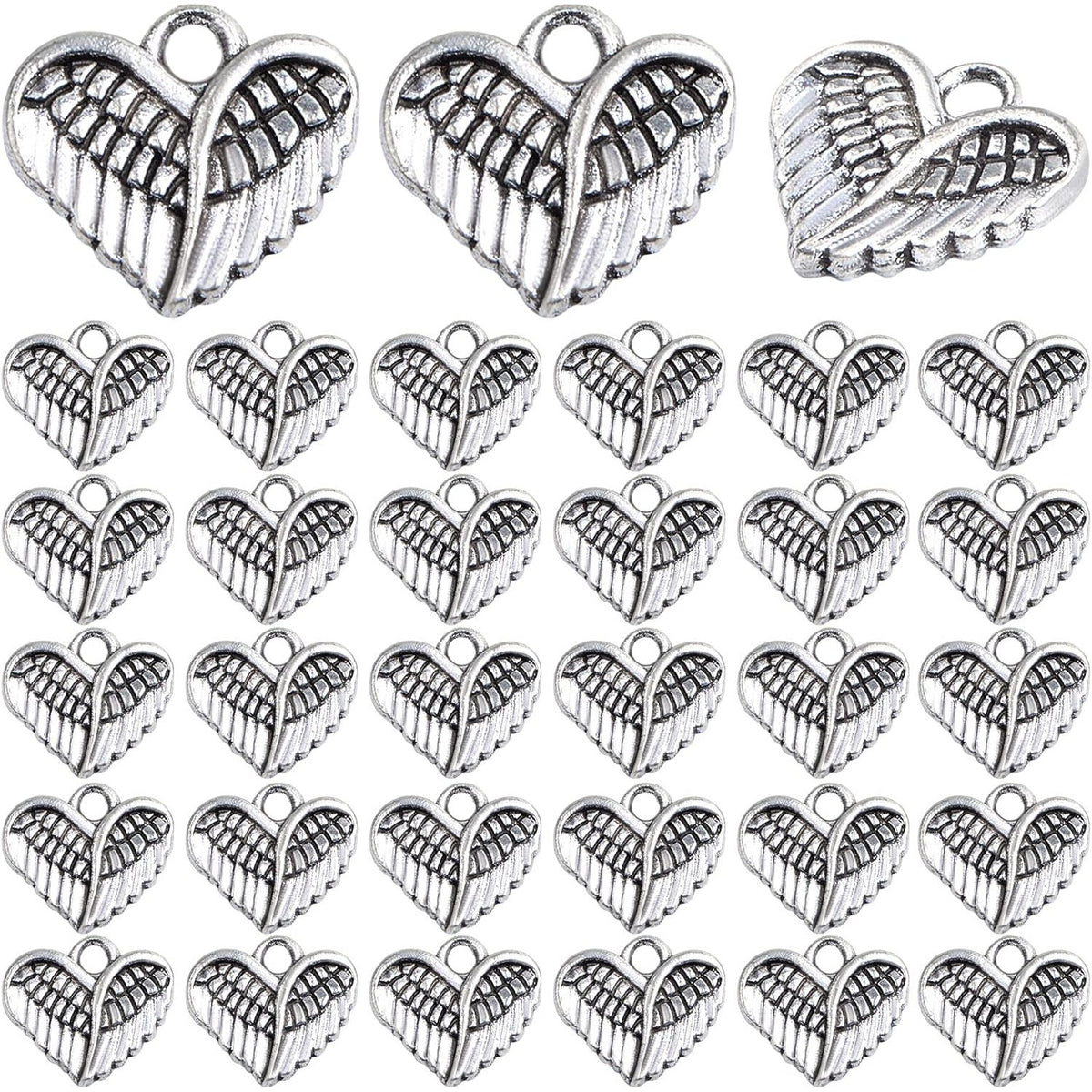 100pcs Antique Silver Angel Wings Feathers Charms Vintage Alloy Heart Shape Angel Wing Dangle Pendants for DIY Bracelet Necklace Jewelry Making Supplies Gifts