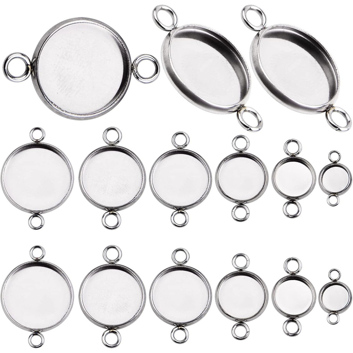24pcs Stainless Steel Round Blank Bezel Pendant Cabochon Connectors Stud Earring Pendant Trays Blanks Links for DIY Jewelry Making Photo Resin Art Crafts, 6 Sizes