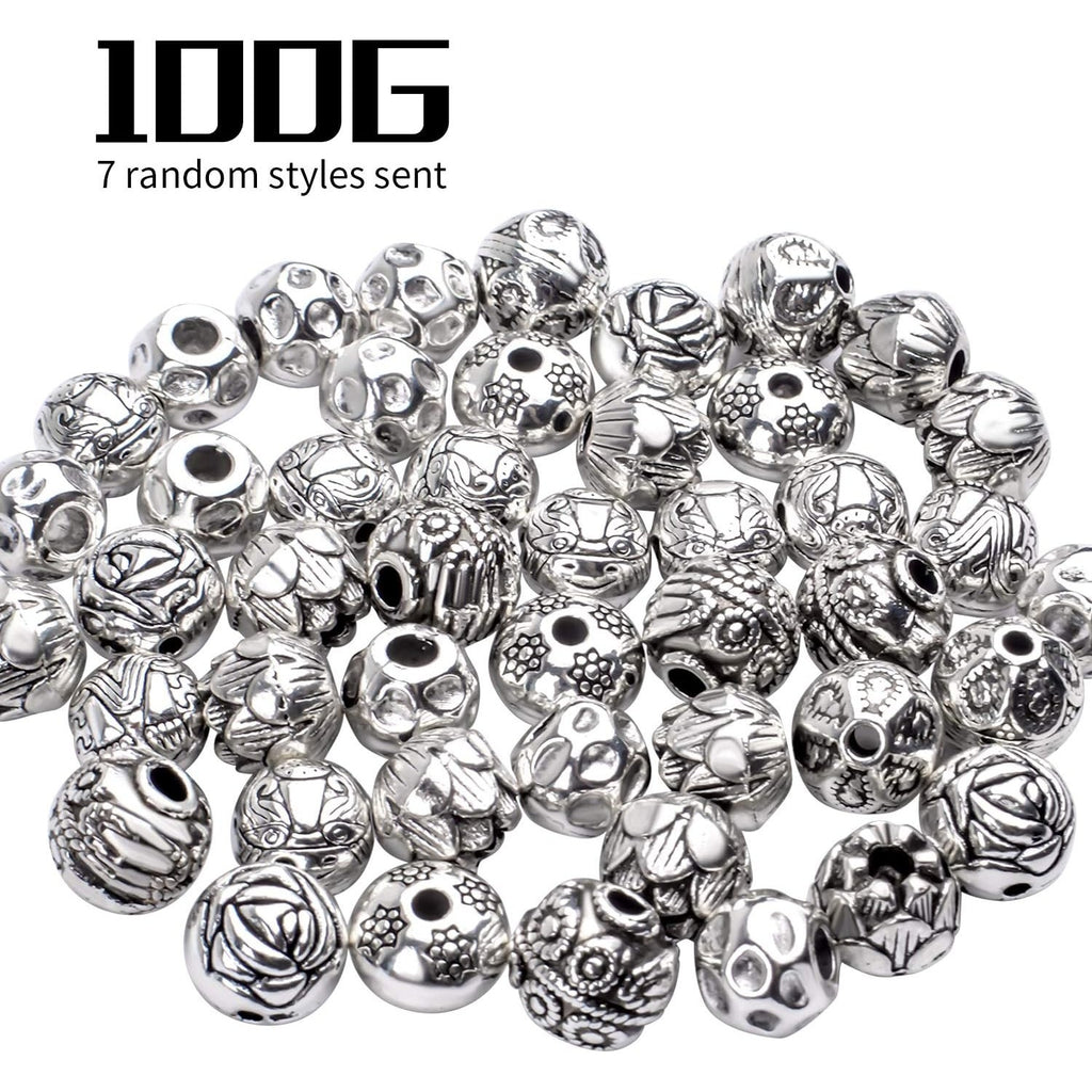 100g (About 40-60pcs) Antique Silver Spacer Beads Small Round Tibetan Loose Beads for Bracelet Necklace Jewelry Making,8-12mm