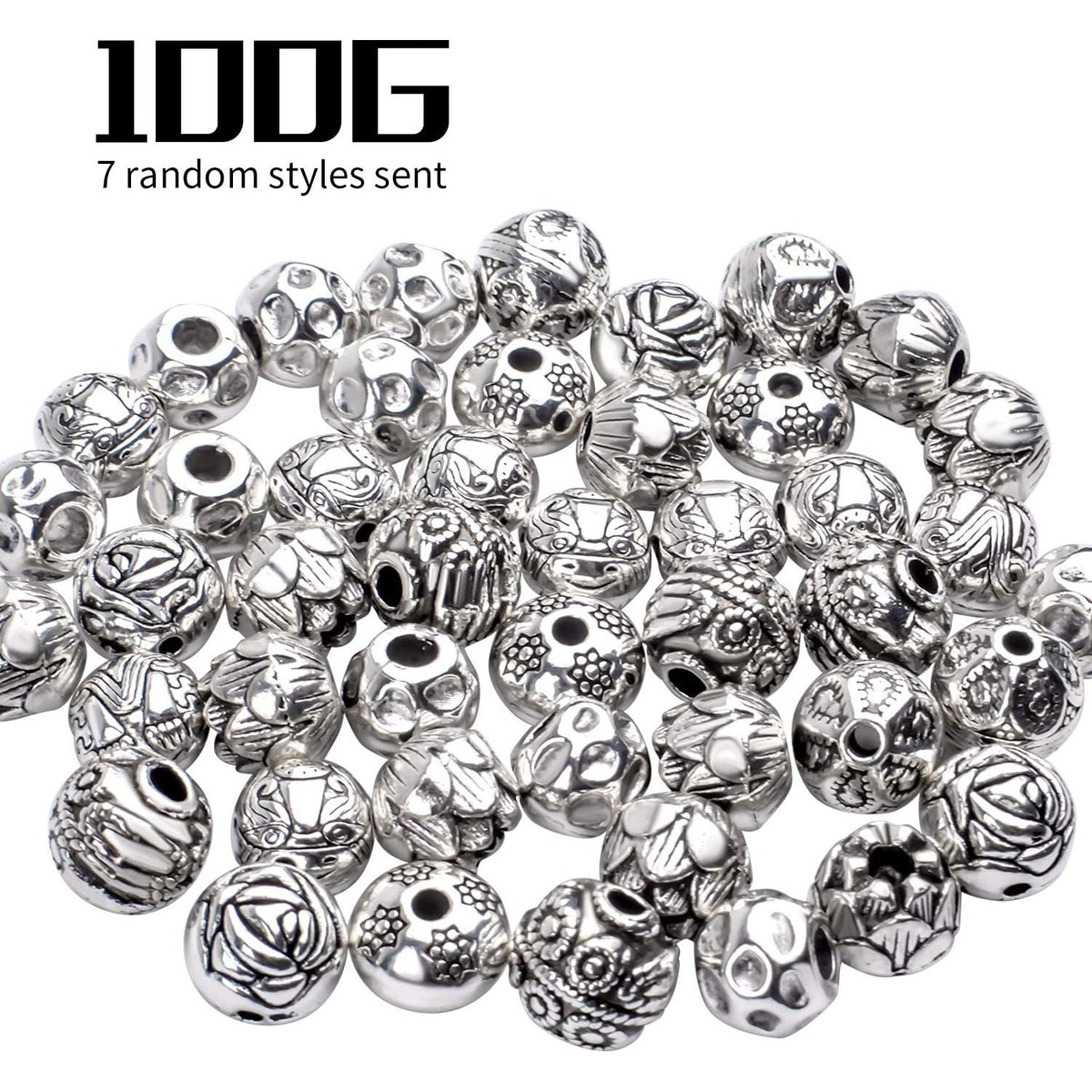 100g (About 40-60pcs) Antique Silver Spacer Beads Small Round Tibetan Loose Beads for Bracelet Necklace Jewelry Making,8-12mm