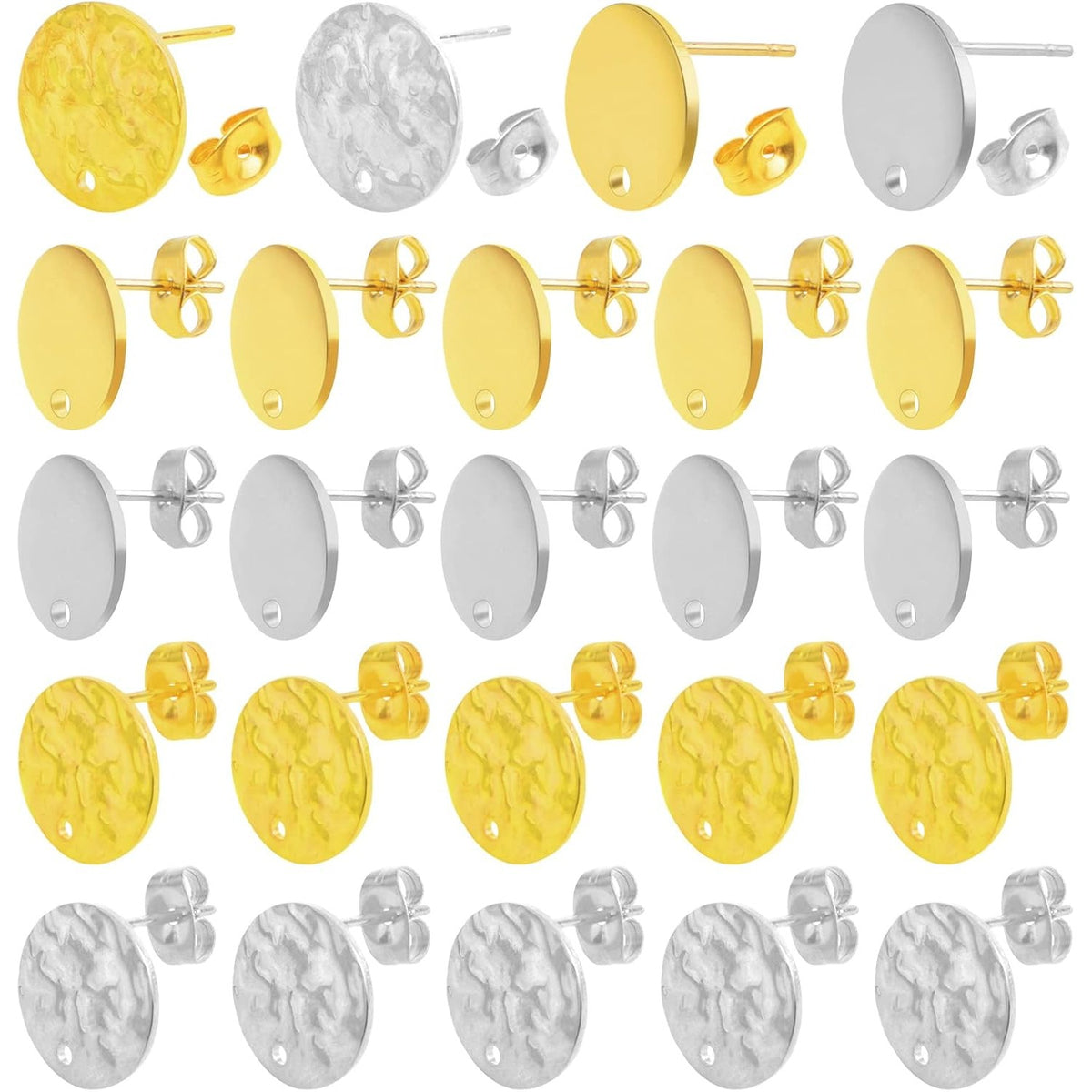 24pcs 12 mm 2 Styles Stainless Steel Earring Posts with Loop Blank Flat Round Stud Earrings and 24pcs Butterfly Earring Backs for DIY Jewelry Making Findings, 2 Colors