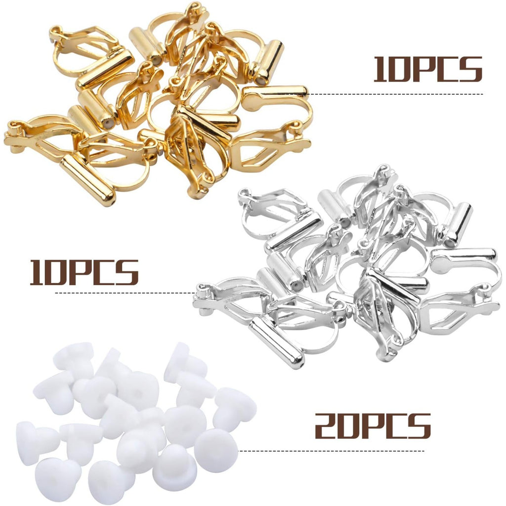 20pcs Clip On Earring Converter with Post and 20pcs Soft Earring Cushion for Non-Pierced Ears,Gold & Silver
