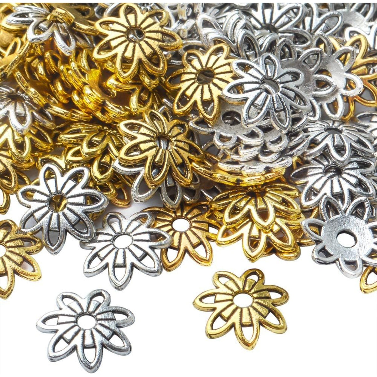 200pcs 10mm Filigree Flower Bead Caps, Alloy, Antique Gold & Silver, DIY Bracelet Earring Jewelry Making