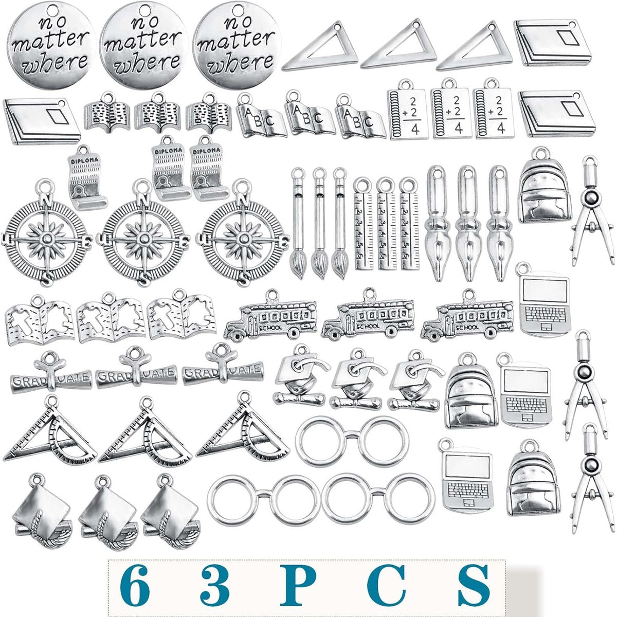 63pcs Antique Silver School Teacher Graduation Charms for DIY Jewelry Making