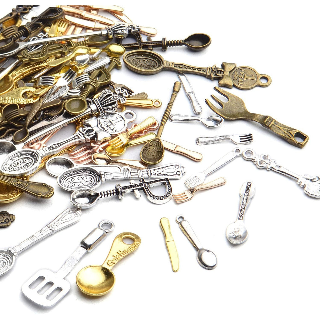 Tableware Charms,100g (80-120pcs) Fork Knife Spoon Tableware Pendants Mixed Kitchen Theme Charms Craft Supplies for DIY Necklace Bracelet
