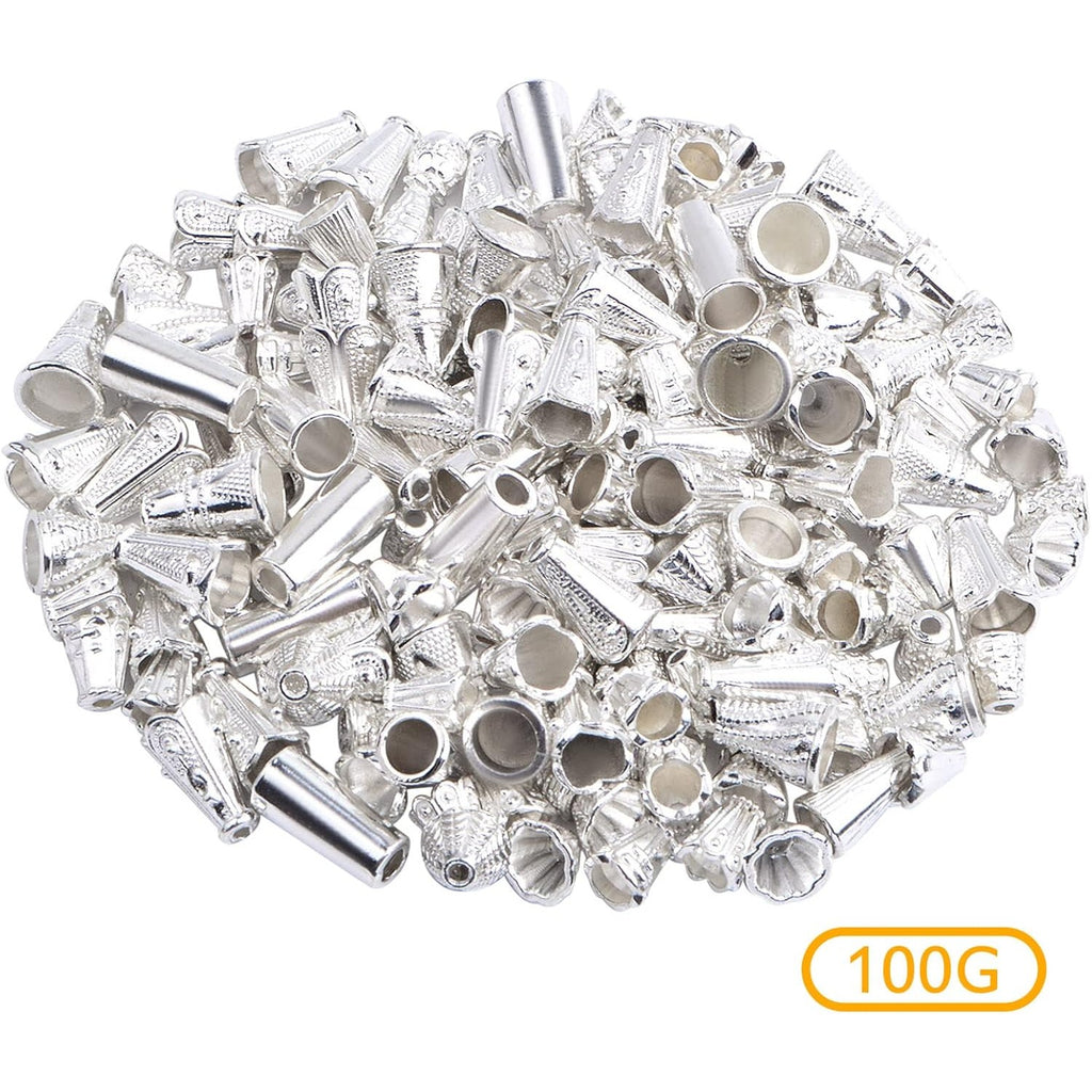 100 Gram (About 110-150pcs) Mixed Styles Cone Bead Caps Tibetan Alloy Flower Spacer Bead Caps Tassel End Caps for DIY Bracelet Necklace Jewelry Craft Making, Bright Silver
