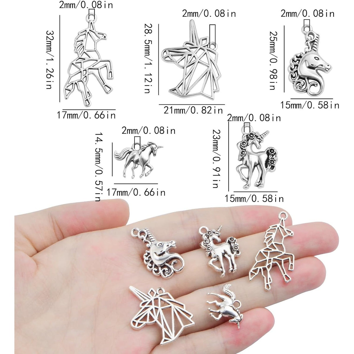 50pcs Antique Silver Mixed Unicorn Charms Vintage Alloy Lovely Animal Unicorn Shape Dangle Pendants for DIY Bracelet Necklace Jewelry Making Findings, 5 Styles