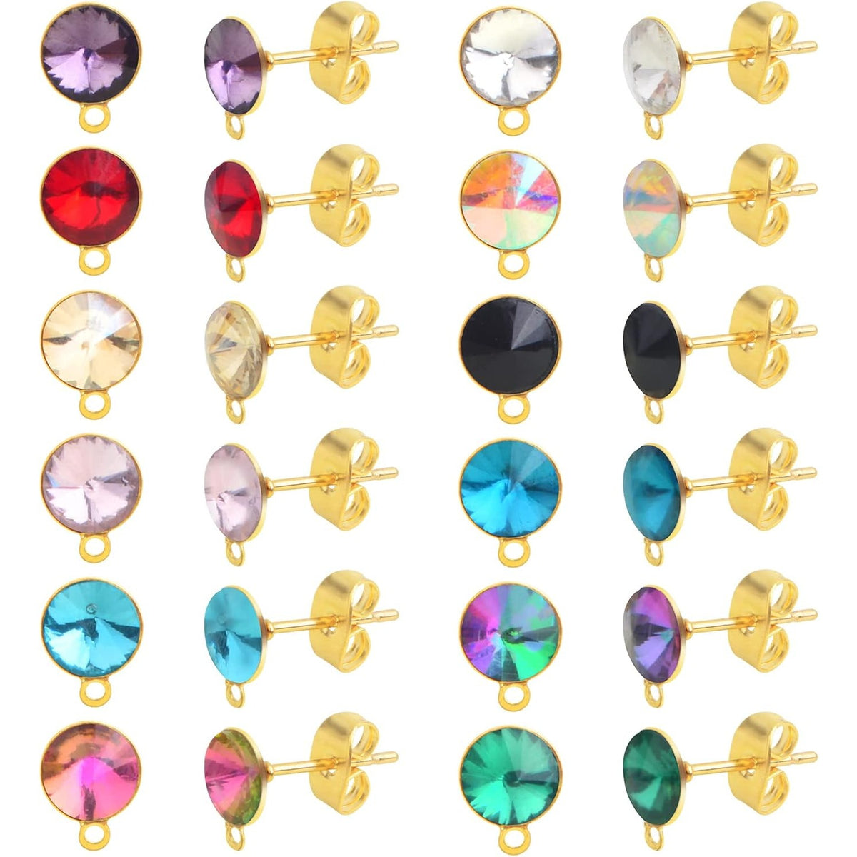 24pcs Stainless Steel Colorful Rhinestone Earring Posts with Loop Hypoallergenic Stud Earrings Findings and 24pcs Golden Butterfly Earring Backs for DIY Crafts Jewelry Making