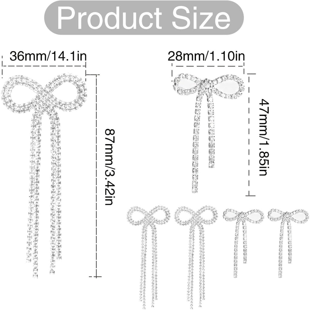 2 Pairs of Bow Rhinestone Dangle Earrings Silver Bowtie Tassels Ribbon Diamond Chain Drop Earring Studs Dangling for Women Bridal DIY Earrings Findings Wedding Prom Gift