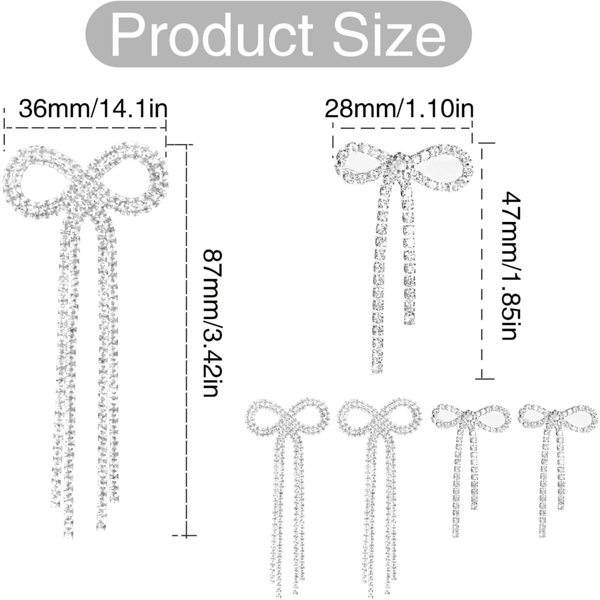 2 Pairs of Bow Rhinestone Dangle Earrings Silver Bowtie Tassels Ribbon Diamond Chain Drop Earring Studs Dangling for Women Bridal DIY Earrings Findings Wedding Prom Gift