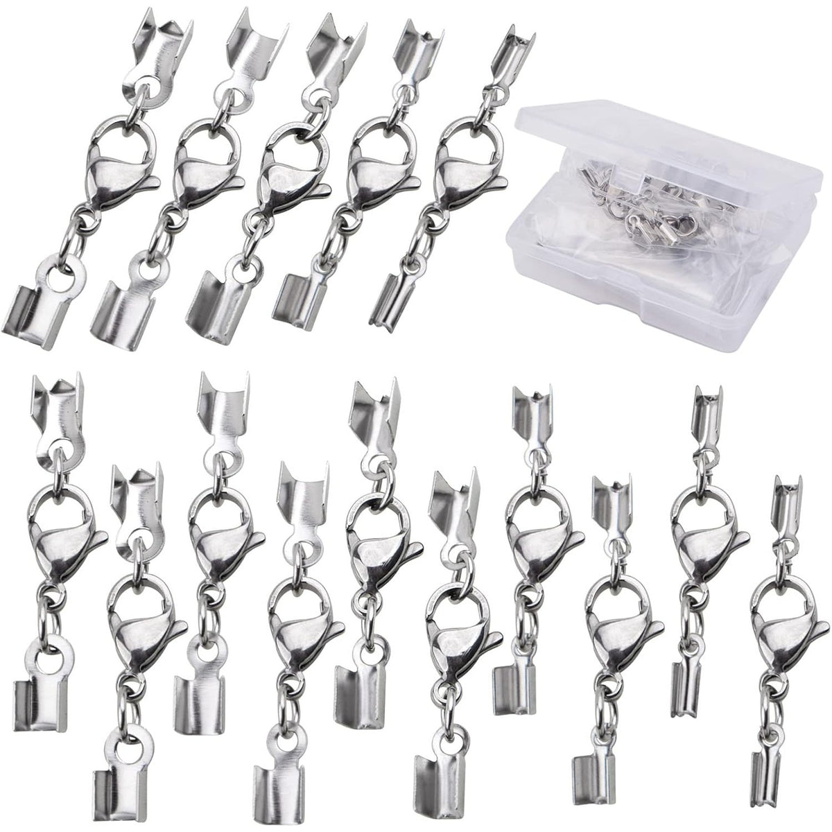 20pcs Lobster Claw Clasps with Cord Ends Stainless Steel Leather Fold Over Necklace Cord End Caps Connector with a Plastic Box for DIY Bracelets Chokers Jewelry Making, 5 Sizes