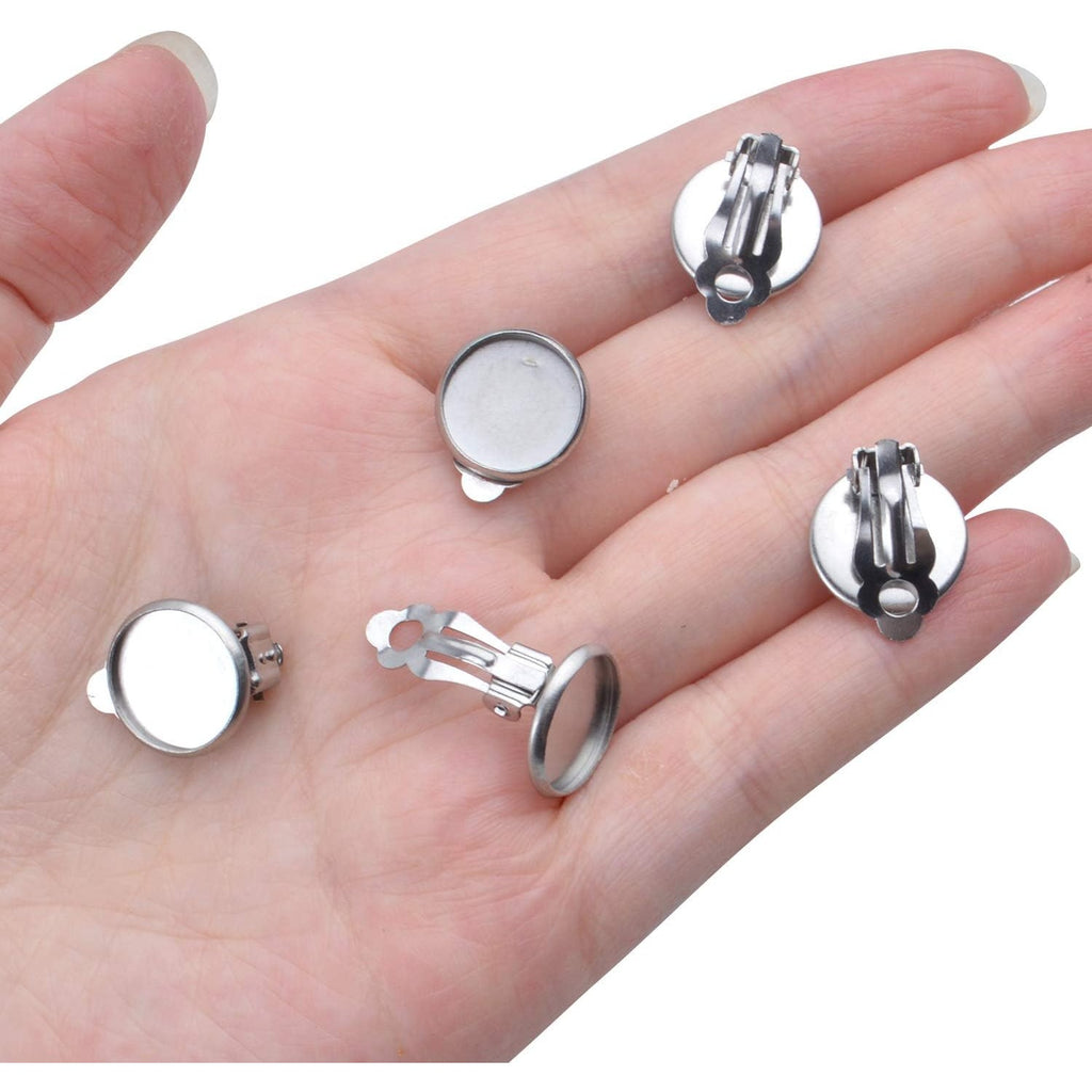 Clip-on Earring Converters, 20pcs (10 Pair) Flat Round Earring Trays 12mm Earring Cabochon Setting Converter for Non Pierced Ears Earring Making - Silver