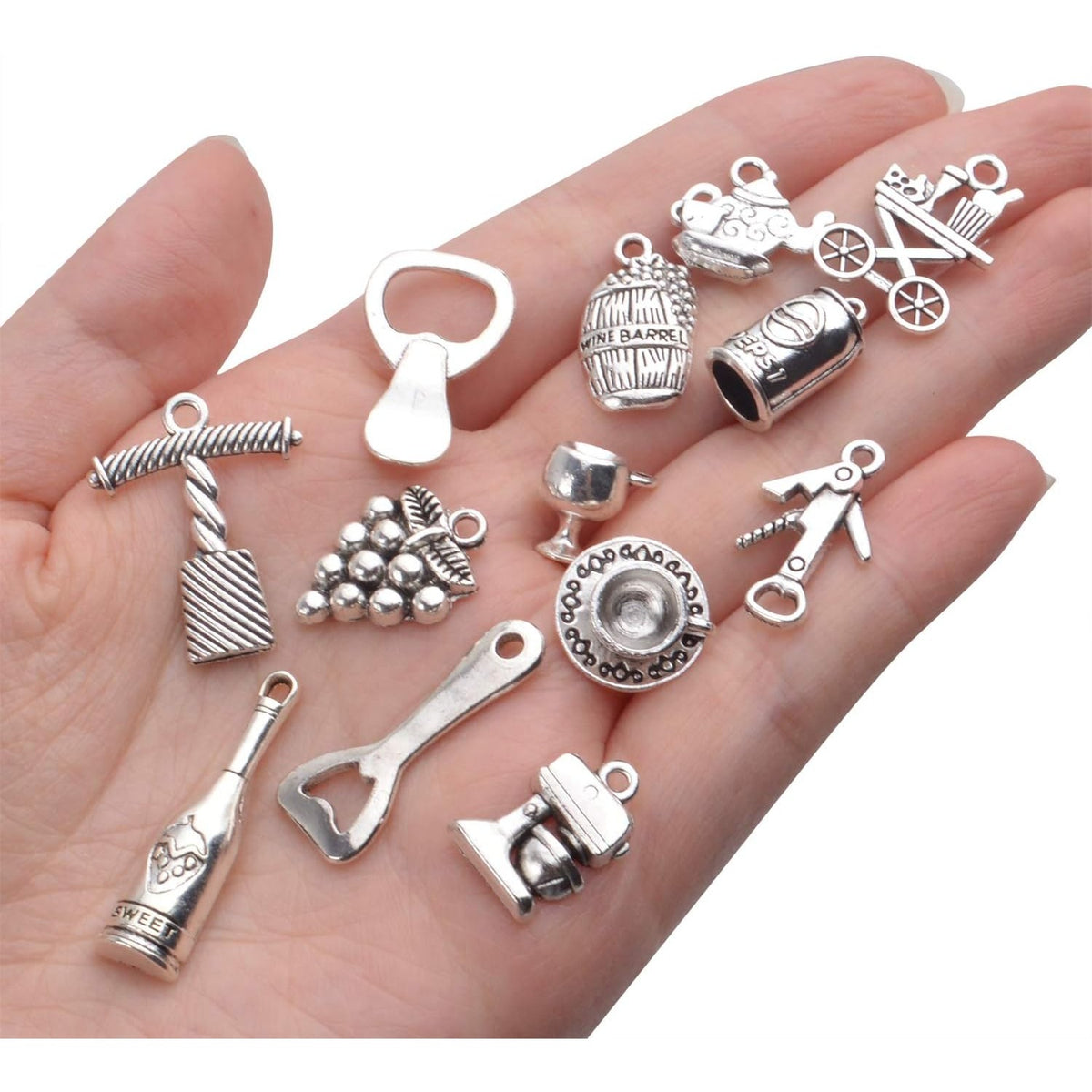 56pcs Silver Wine Bottle Charm Pendants Alloy Cup Glass Opener Grape Wine Charms Jewelry Making Accessories for DIY Necklace Bracelet Earrings Crafts, 28 Styles