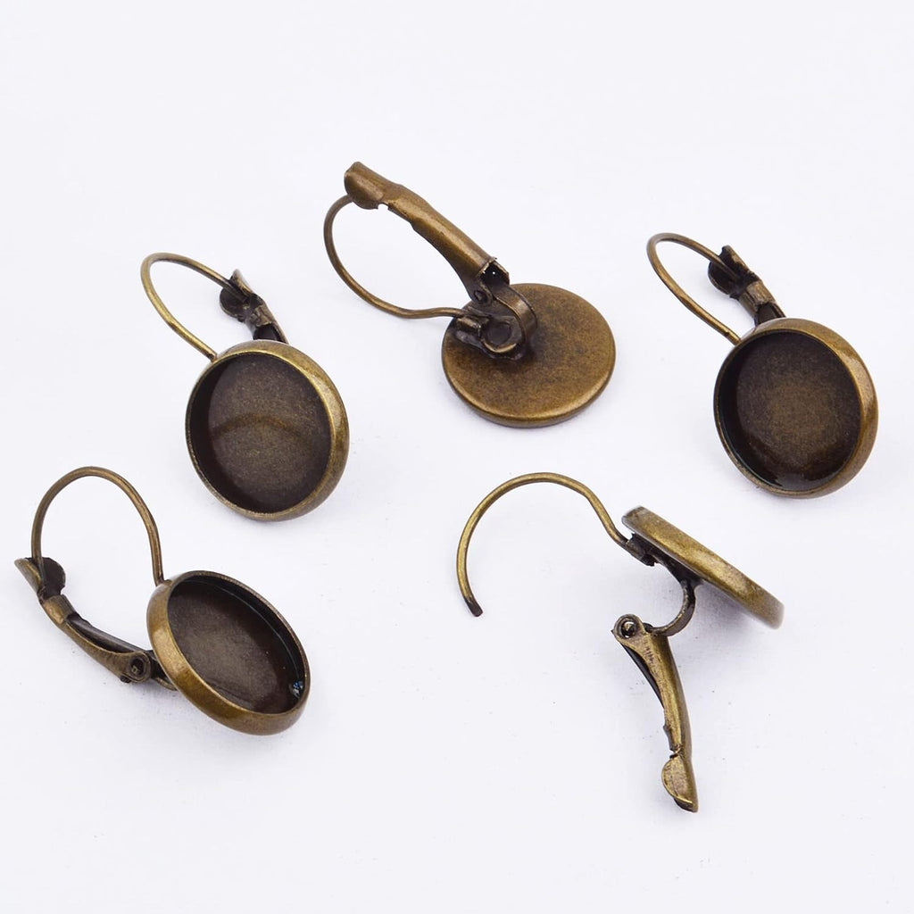 Hook Earring Cabochon Settings, 20 Pieces Lever Back Hook Earrings with Flat Round Tray Blank Cabochon Setting Ear Wires for Earring Designs(12 mm)