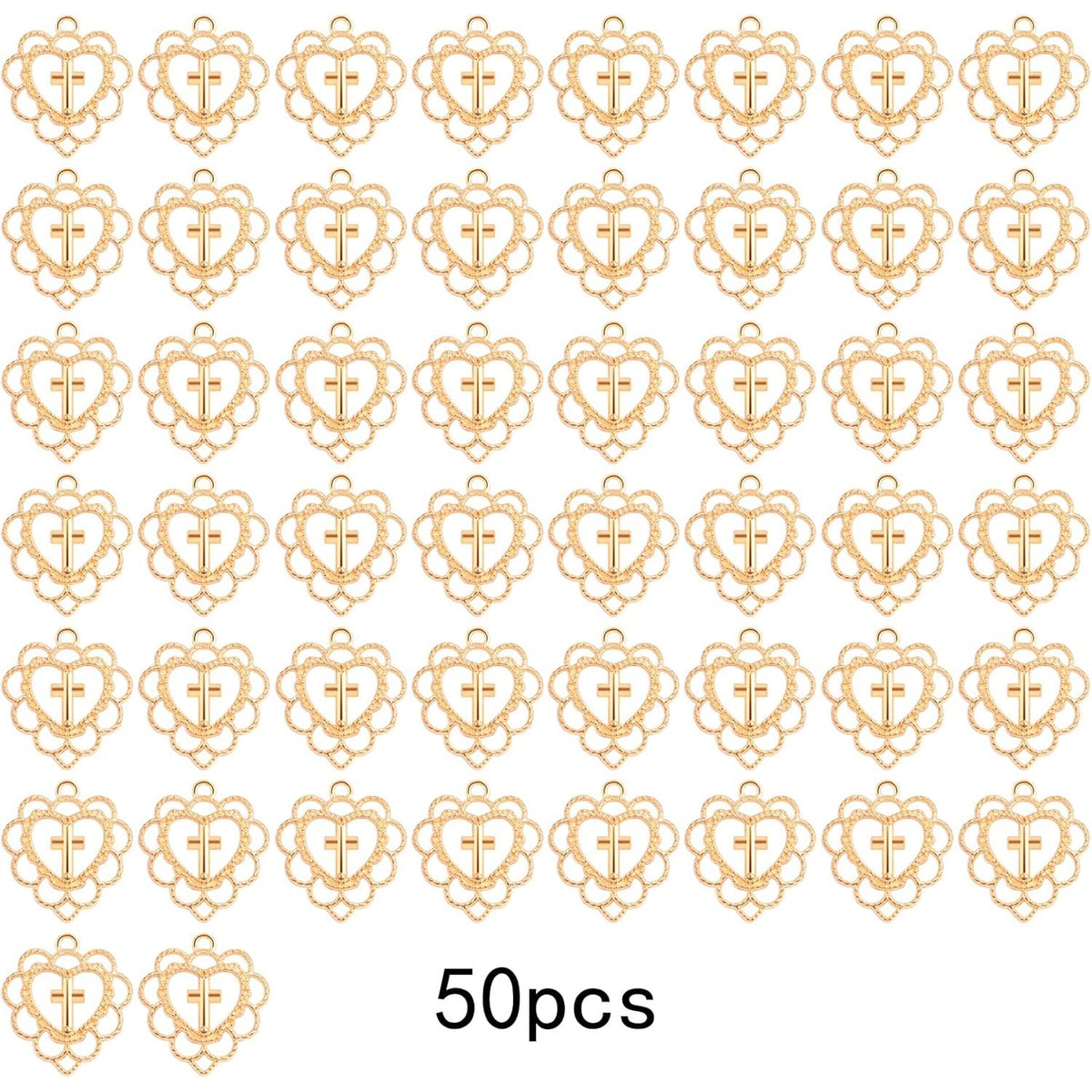 50pcs Golden Hollow Heart Cross Charms Alloy Love Heart with Cross Pendant Charms Jewelry Making Accessories for DIY Necklace Crafts Valentine's Day Mother's Day Gifts