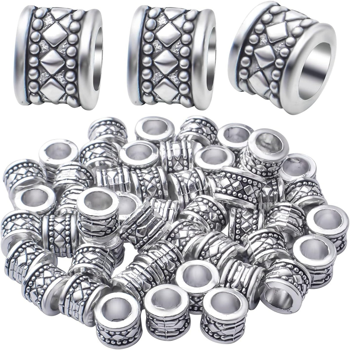 50pcs Antique Silver Large Hole Spacer Beads Tibetan Alloy Column Spacers Tube Bead Spacers Rondelle Loose Beads Charm Beads for Jewelry DIY Bracelet Crafts Making,Hole: 5.7mm
