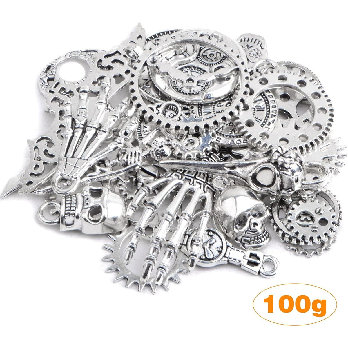 100 Gram Antique Silver Steampunk Gears Charms Vintage Alloy Mixed Watch Wheel Cog Skull Hands Skeleton Keys Pendant for Art Craft Jewelry Making Pirate Cosplay Decor