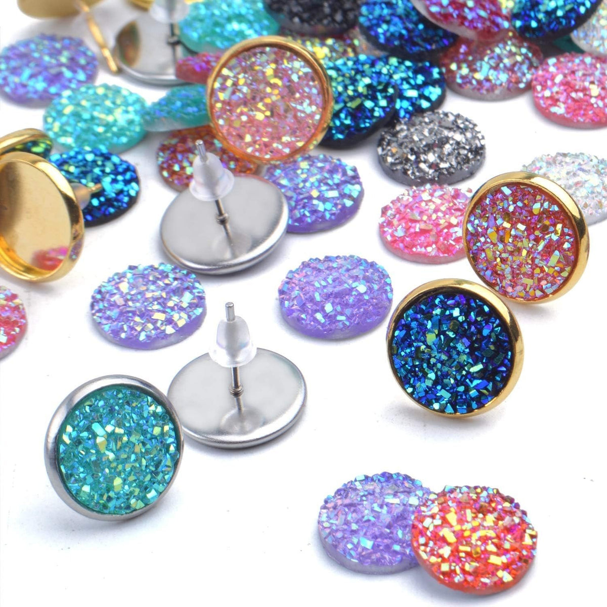 100 Pieces 12 mm Faux Druzy Resin Cabochons with 20 Pieces Stainless Steel Blank Stud Earring Bezel Setting and 20 Pieces Clear Earring Backs for Earring Jewelry Making -10 Colors